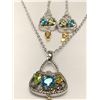 Image 2 : Italian Designed Necklace with matching earrings handbag design set with topaz gemstones in silver N