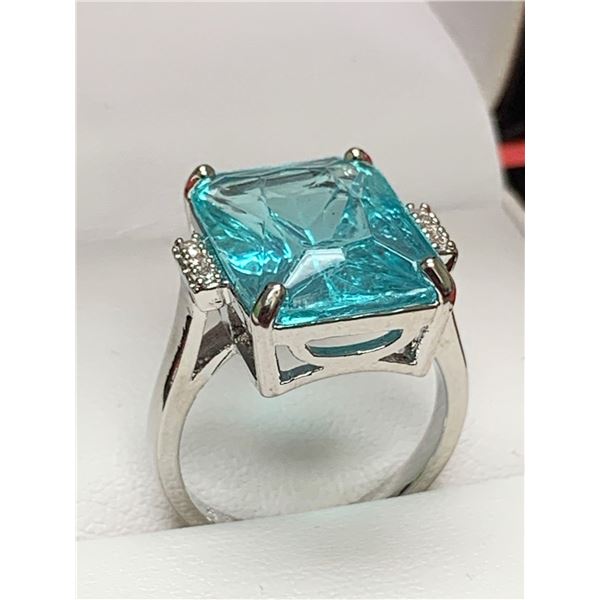 Europe Designed oversize aqua marine topaz emerald cut solitaire set in brilliant sterling silver
