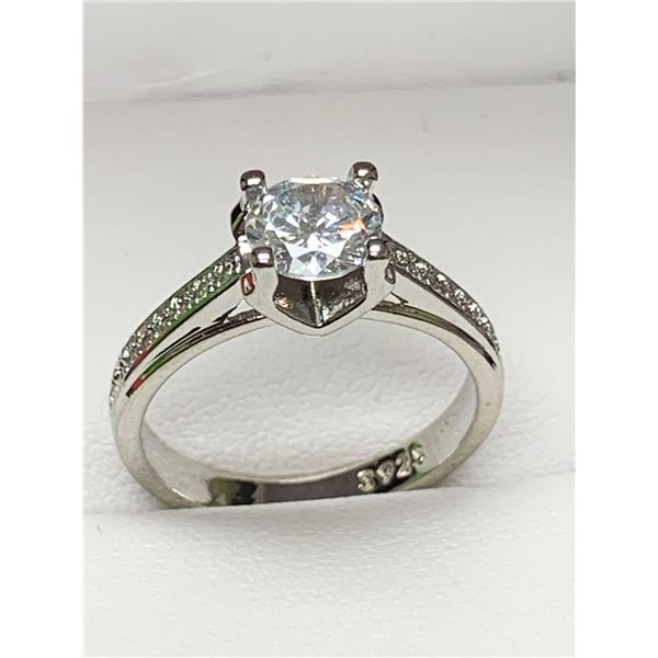 Silver Ladies 1.o Carat Brilliant Cut Solitaire with side stones engagement ring SIZE 7.5