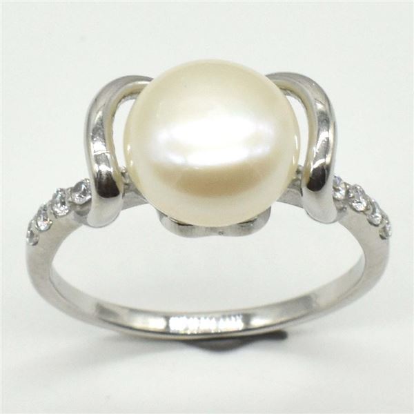 Silver Pearl Cz(3.1ct) Rhodium Plated Ring (~weight 3.1g), Suggested Retail Value $300