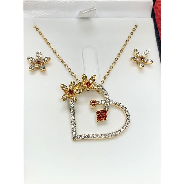 Stunning Gemstone and 14K GP Heart Pendant with matching earrings and necklace in Gift Box