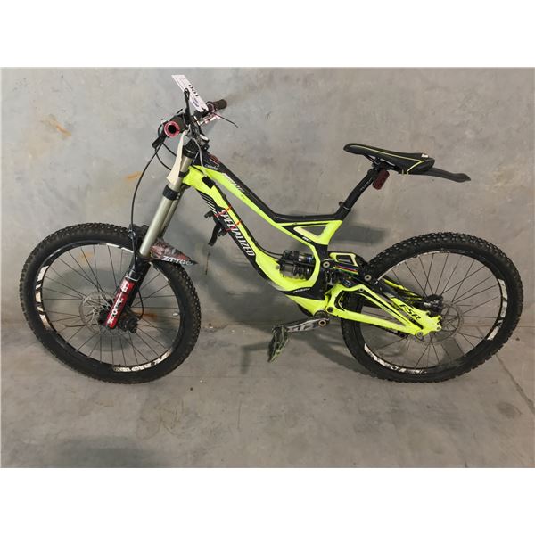 LIME GREEN AND BLACK SPECIALIZED DEMO 8, 16" FRAME, 9 SPEED, DISC BRAKES, FULL SUSPENSION