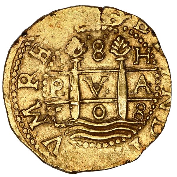 Lima, Peru, cob 8 escudos, 1708 H, HISPAN variety, NGC MS 63, ex-1715 Fleet.