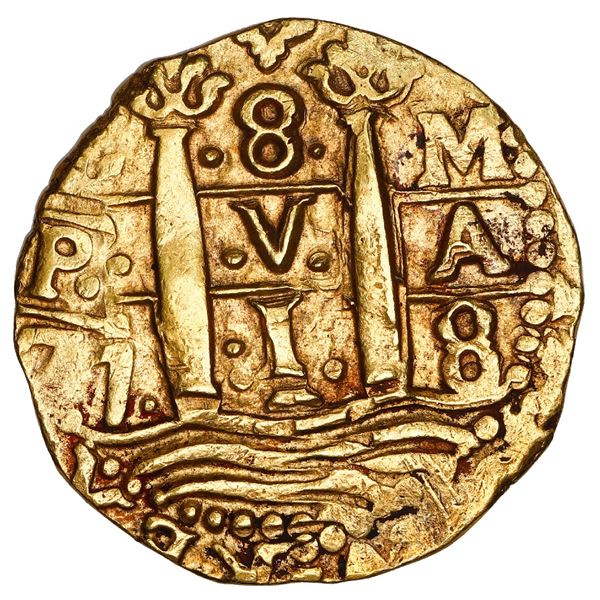 Lima, Peru, cob 8 escudos, 1718 M, NGC MS 61, finest known in NGC census.
