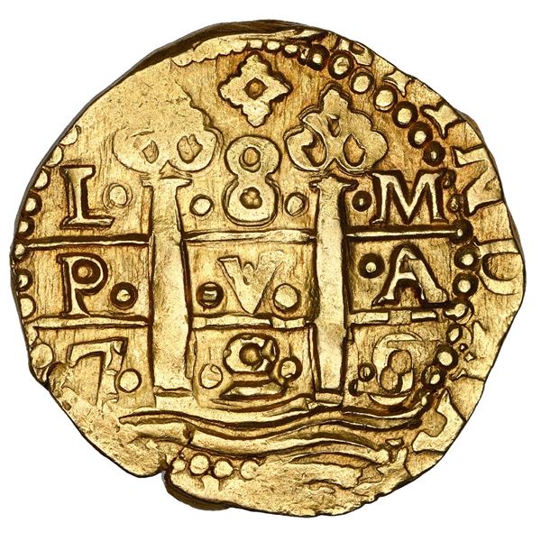 Lima, Peru, cob 8 escudos, 1720 M, NGC MS 62, finest known in NGC census.