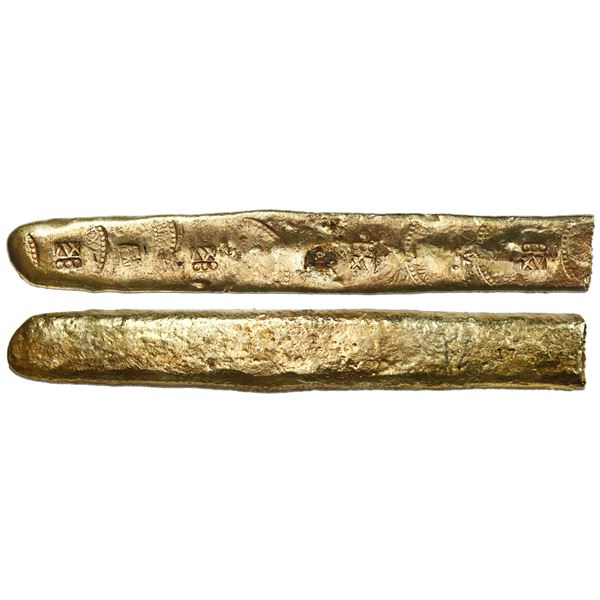 Gold bar #17, 878 grams, 15.75 karat, Class 2, marked with tax stamps, karat markings and assayer or