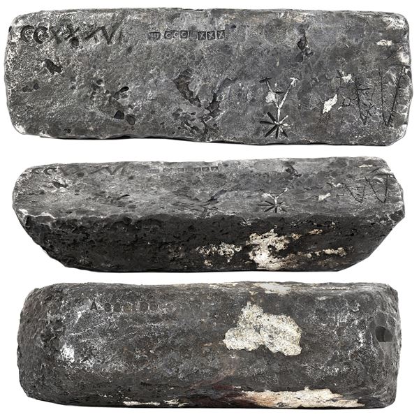 Large silver bar #332 made in Oruro, 74 lb 4.16 oz troy, 2380/2400 fine (99.17%), Class Factor 0.8,