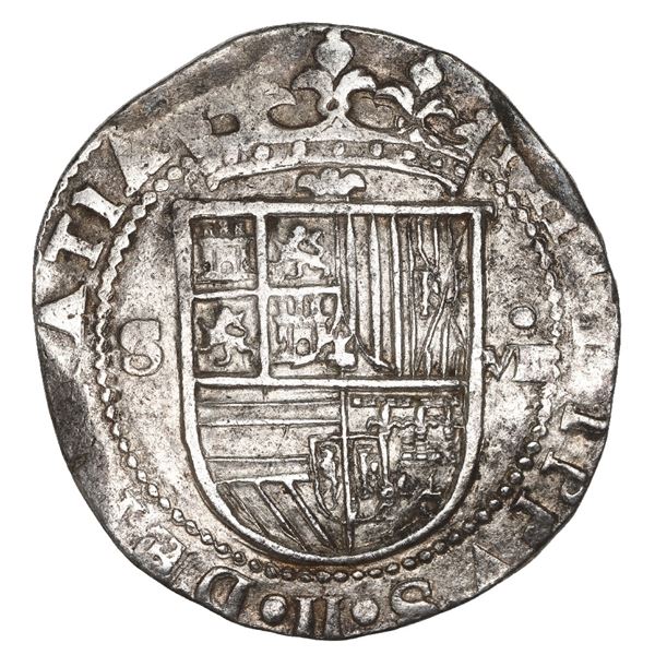 Seville, Spain, cob 8 reales, Philip II, assayer Gothic D at 4 o'clock outside tressure around cross