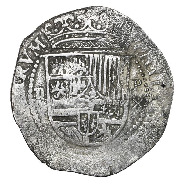 Lima, Peru, cob 2 reales, Philip II, assayer X, very rare, Grade 2.