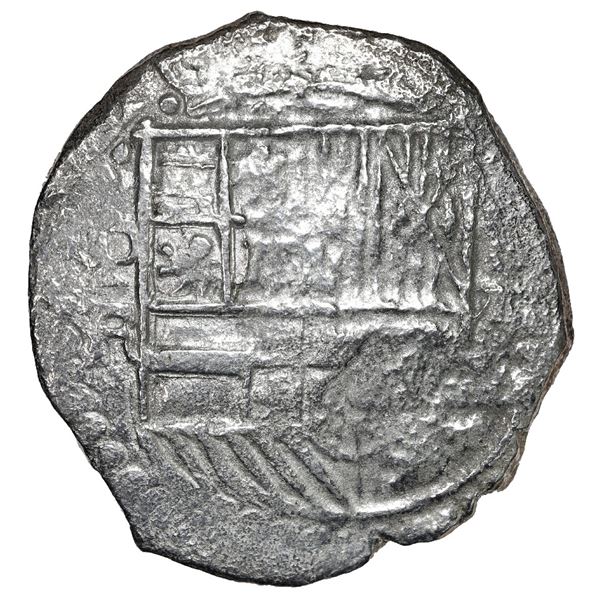 Potosi, Bolivia, cob 8 reales, Philip III, assayer R (curved leg), Grade 1.