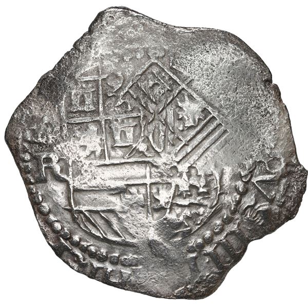 Potosi, Bolivia, cob 8 reales, Philip III, assayer R (curved leg), Grade 2.