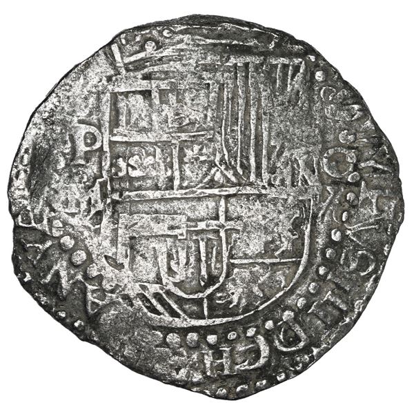 Potosi, Bolivia, cob 8 reales, Philip III, assayer M/Q, quadrants of cross transposed, Grade 1.