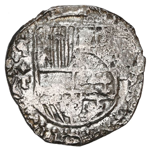 Potosi, Bolivia, cob 8 reales, Philip III, assayer T, upper half of shield and quadrants of cross tr