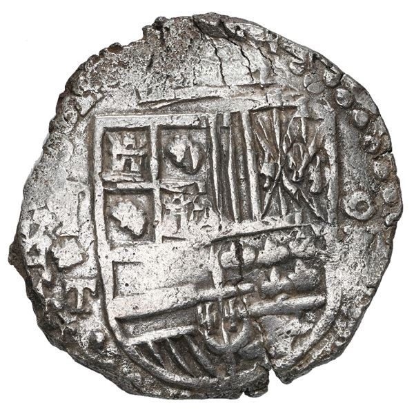 Potosi, Bolivia, cob 8 reales, Philip III, assayer T, quadrants of cross transposed, Grade 1.