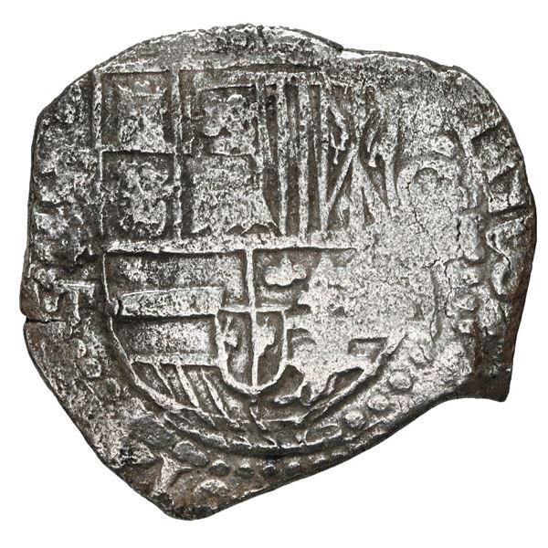 Potosi, Bolivia, cob 8 reales, Philip III, assayer T, quadrants of cross transposed, Grade 1.