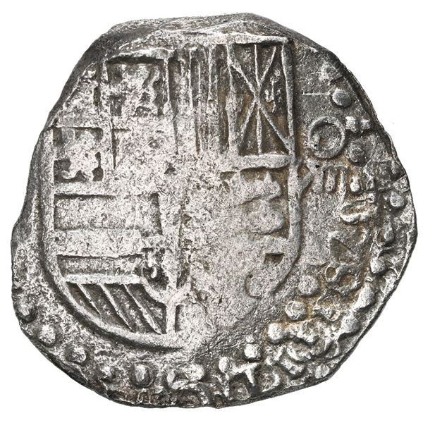 Potosi, Bolivia, cob 8 reales, Philip III, assayer not visible, quadrants of cross transposed, Grade