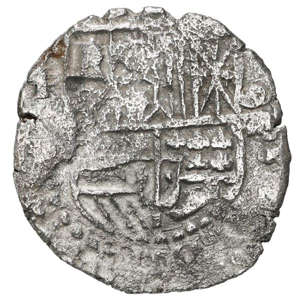 Potosi, Bolivia, cob 8 reales, Philip III, assayer not visible, quadrants of cross transposed, Grade