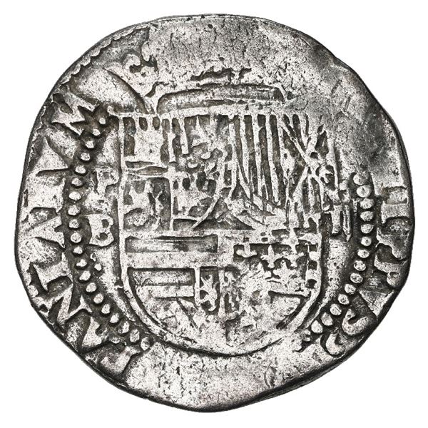 Potosi, Bolivia, cob 2 reales, Philip II, assayer B (1st period), Grade 1.