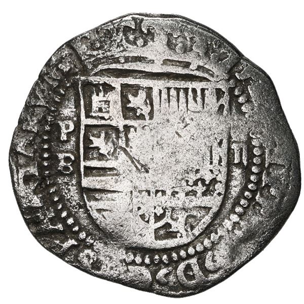Potosi, Bolivia, cob 2 reales, Philip II, assayer B (2nd period), Grade 3.