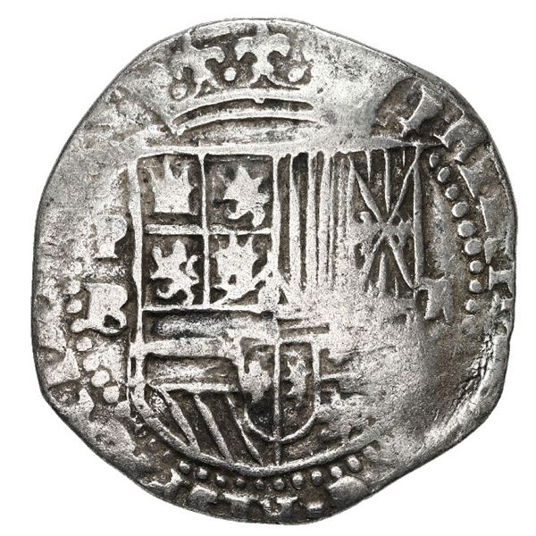 Potosi, Bolivia, cob 2 reales, Philip II, assayer B (3rd period), Grade 1.