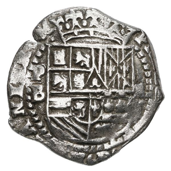 Potosi, Bolivia, cob 2 reales, Philip II, assayer B (3rd period), Grade 1.