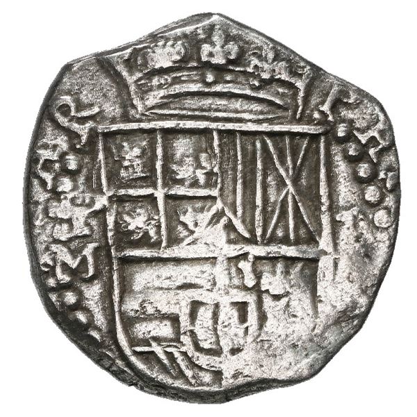 Potosi, Bolivia, cob 2 reales, Philip III, assayer M, Grade 1.