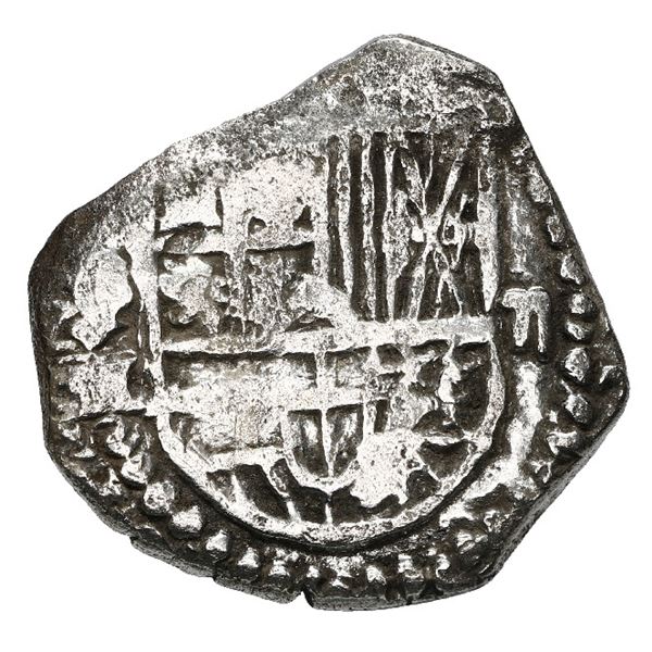 Potosi, Bolivia, cob 2 reales, Philip III, assayer M, quadrants of cross transposed, Grade 1.