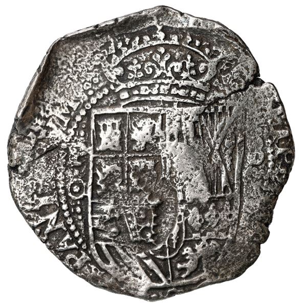 Potosi, Bolivia, cob 8 reales, 1650 O, modern 5, with crowned-F (Mastalir Fa1) countermark on shield