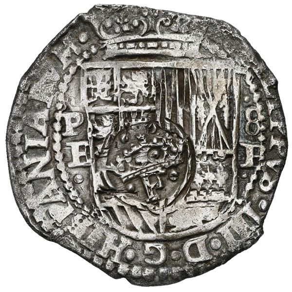 Potosi, Bolivia, cob 8 reales, 1651 E, with crowned-F (Mastalir Fb2) countermark on shield, ex-MAREX