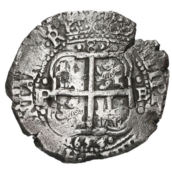 Potosi, Bolivia, cob 8 reales, 1654 E, dot-PH-dot at top, denomination 8 above cross.