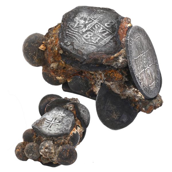 Clump of seven silver coins (Lima 8R cob dated 1684, Mexico 8R cob, English halfcrown dated 1699, an