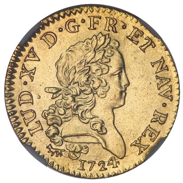 France (Paris mint), gold louis d'or mirliton aux palmes longues, Louis XV, 1724-A, NGC MS 62 / Le C