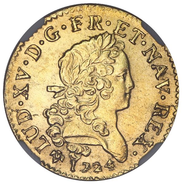 France (Grenoble mint), gold louis d'or mirliton aux palmes longues, Louis XV, 1724-Z, NGC MS 62 / L