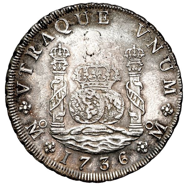 Mexico City, Mexico, pillar 8 reales, Philip V, 1736 MF, NGC UNC details / saltwater damage, cleaned