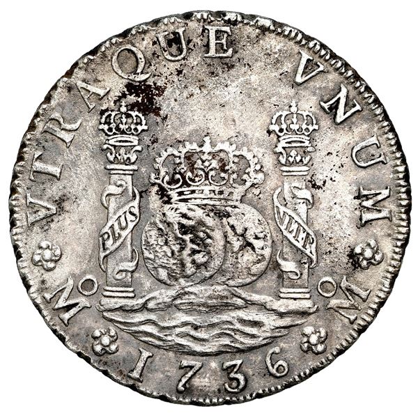 Mexico City, Mexico, pillar 8 reales, Philip V, 1736 MF, NGC AU details / saltwater damage / Rooswij