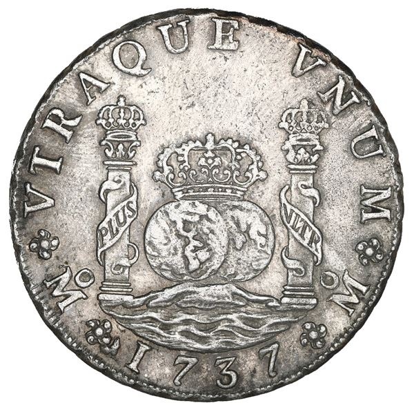 Mexico City, Mexico, pillar 8 reales, Philip V, 1737 MF, NGC UNC details / saltwater damage / Rooswi