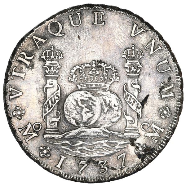 Mexico City, Mexico, pillar 8 reales, Philip V, 1737 MF, NGC UNC details / sea salvaged / Rooswijk (