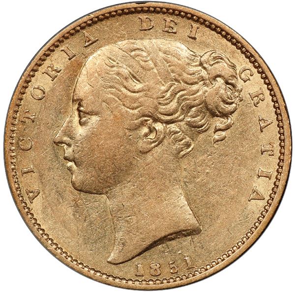 Great Britain (London, England), gold sovereign, Victoria (young head), 1851, PCGS AU53 / Ship of Go