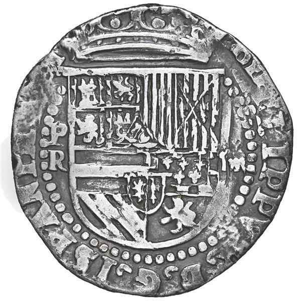 Potosi, Bolivia, cob 4 reales, Philip II, assayer R (Rincon) to left, NGC VF details / tooled.