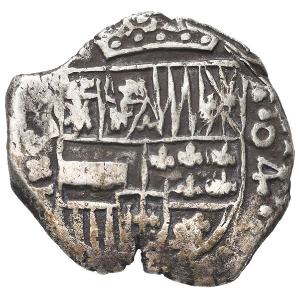 Potosi, Bolivia, cob 4 reales, Philip III, assayer T, denomination as o4 in retrograde (ca. 1618).
