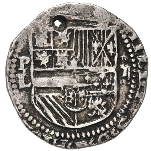 Potosi, Bolivia, cob 2 reales, Philip II, assayer L below mintmark P to left, denomination ii over e