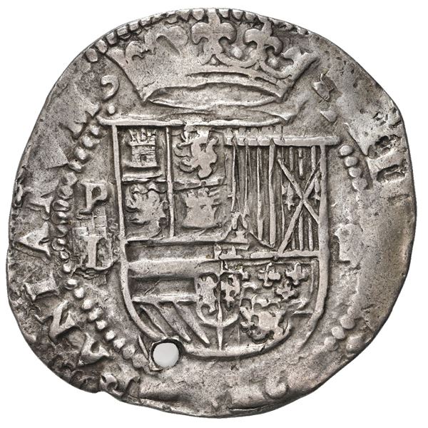 Potosi, Bolivia, cob 2 reales, Philip II, assayer L over erased M below mintmark P to left, rare.