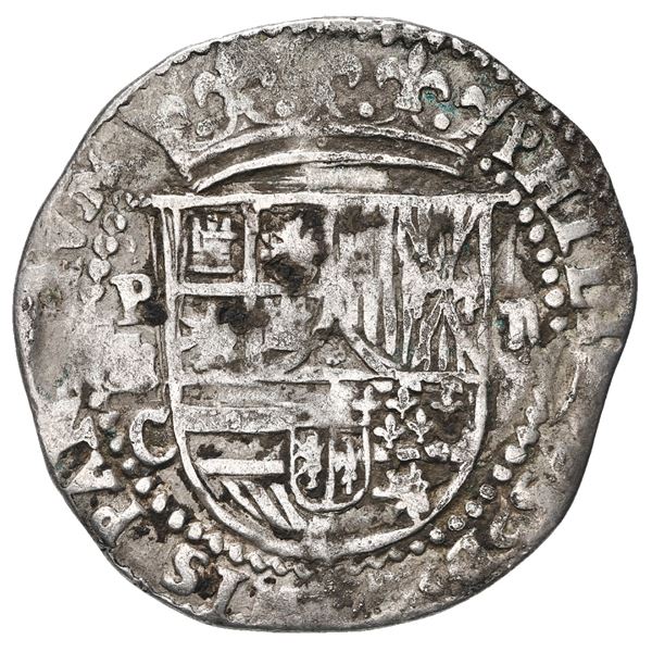 Potosi, Bolivia, cob 2 reales, Philip II, assayer C below erasure, rare.