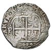 Image 2 : Potosi, Bolivia, cob 8 reales, 1654 E, dot-PH-dot at top, pomegranate above cross.