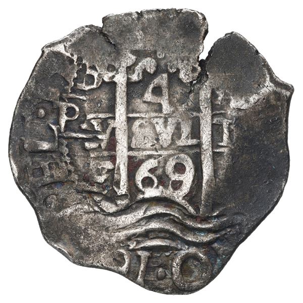 Potosi, Bolivia, cob 4 reales, 1669/8 E, very rare.