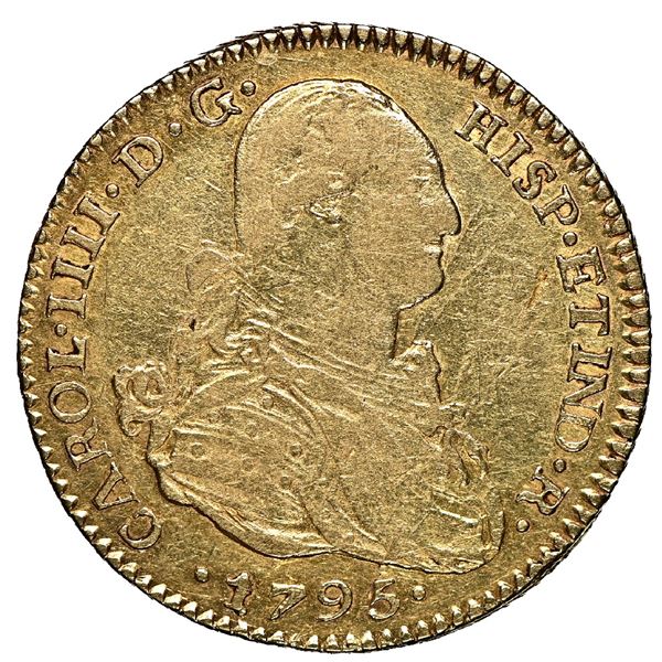 Potosi, Bolivia, gold bust 2 escudos, Charles IV, 1795 PP, NGC XF 45, finest and only example in NGC