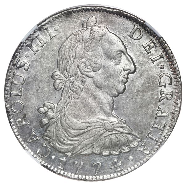 Potosi, Bolivia, bust 8 reales, Charles III, 1774 JR, NGC AU 55.