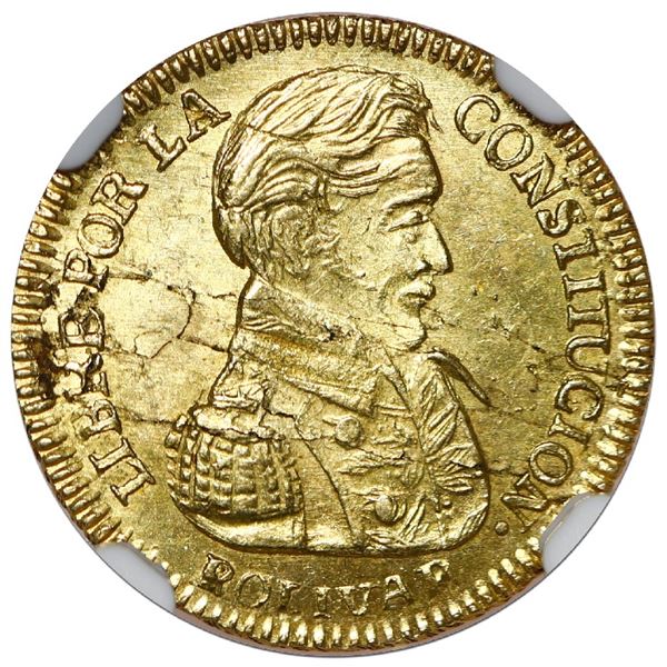 Potosi, Bolivia, gold 1 scudo, 1835 LM, NGC Mint Error MS 62, obverse lamination, finest known in NG