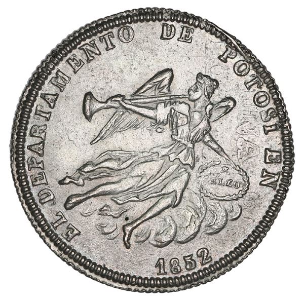 Potosi, Bolivia, medallic 1 sol, 1852, Belzu / Bacchus sunface, struck over a cut-down Peruvian Zepi