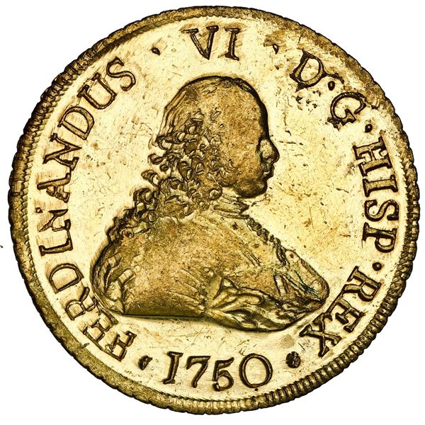 Santiago, Chile, gold bust 8 escudos, Ferdinand VI, 1750 J, NGC MS 62 PL / La Luz (1752), ex-Sotheby